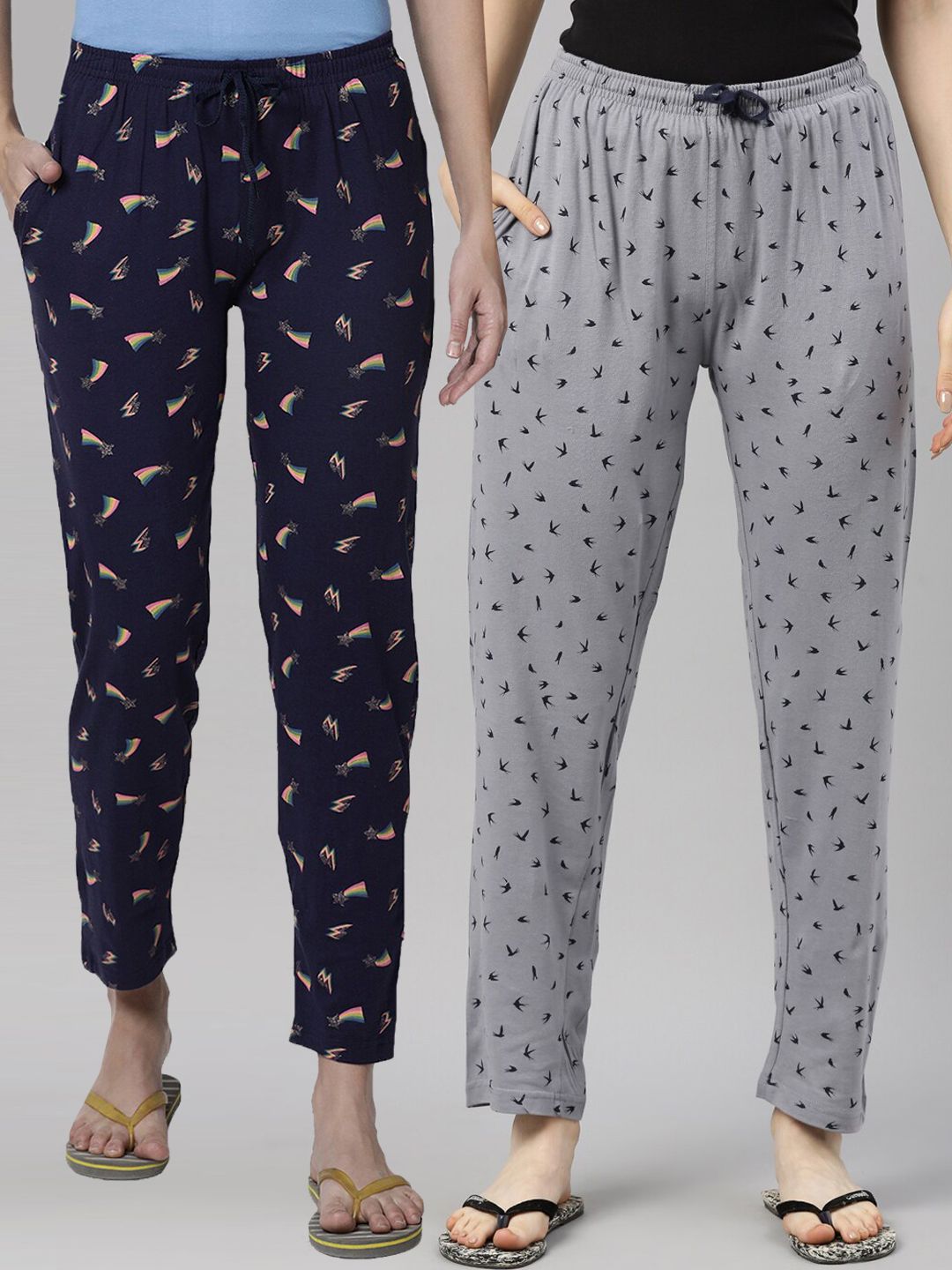 Kryptic Women Navy Blue & Grey Set Of 2 Printed Pure Cotton Lounge Pants Price in India