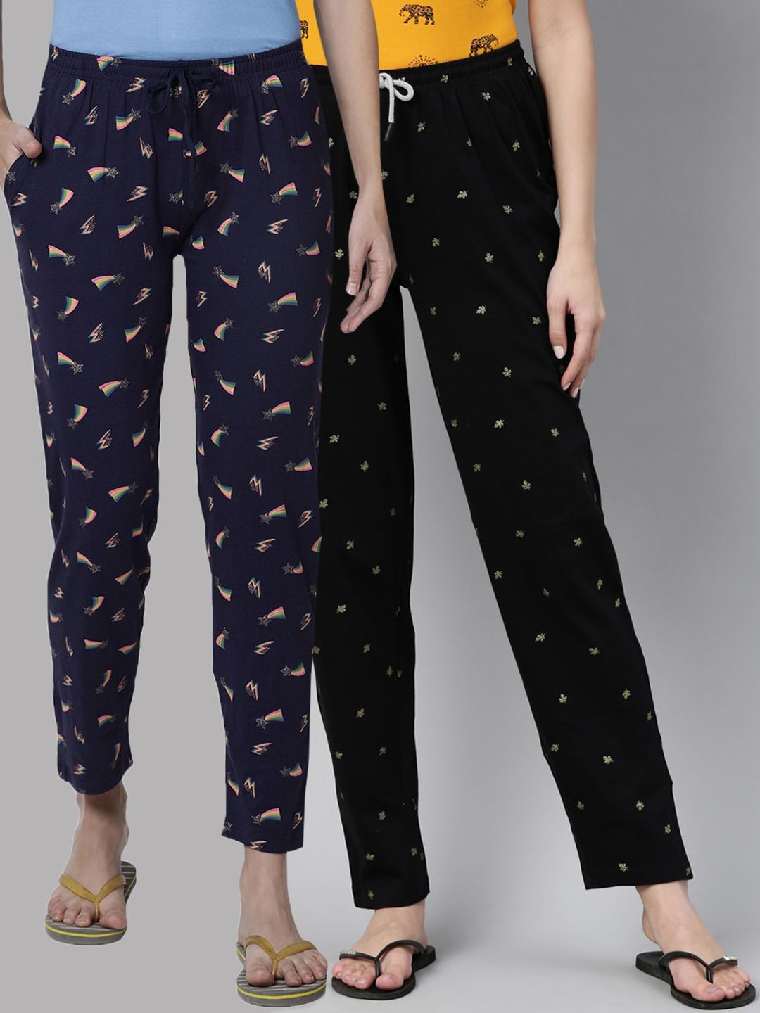 Kryptic Women Navy Blue & Black Set Of 2 Printed Pure Cotton Lounge Pants Price in India