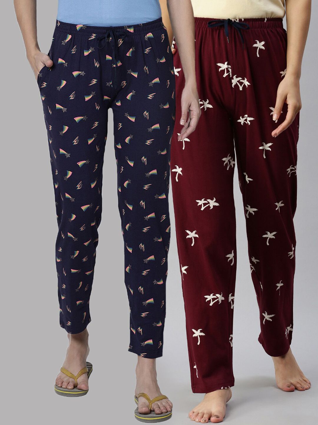 Kryptic Women Pack Of 2 Navy Blue & Maroon Cotton Printed Pyjamas Price in India