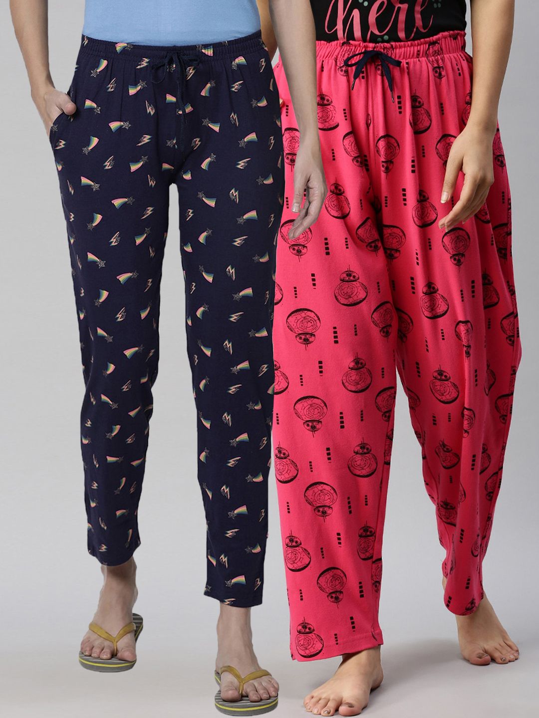 Kryptic Women Pack Of 2 Navy Blue & Fuchsia Printed Pure Cotton Lounge Pants Price in India