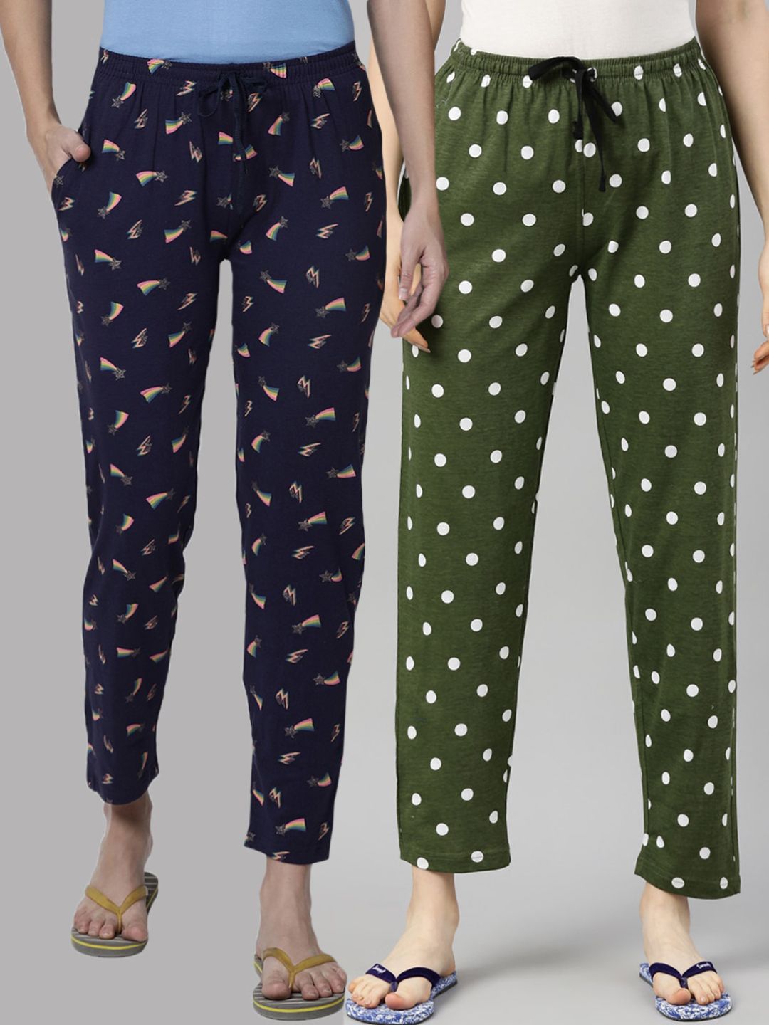 Kryptic Women Navy Blue & Green Pack of 2 Printed Cotton Lounge Pants Price in India