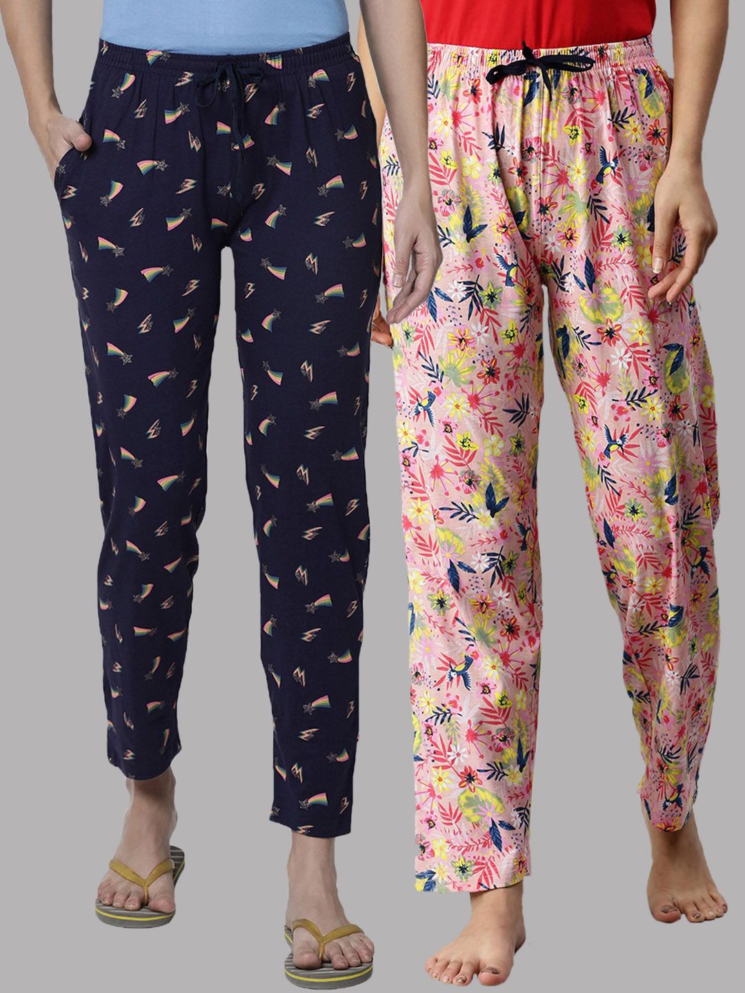 Kryptic Woman Pack Of 2 Navy Blue & Pink Cotton Printed Lounge Pants Price in India