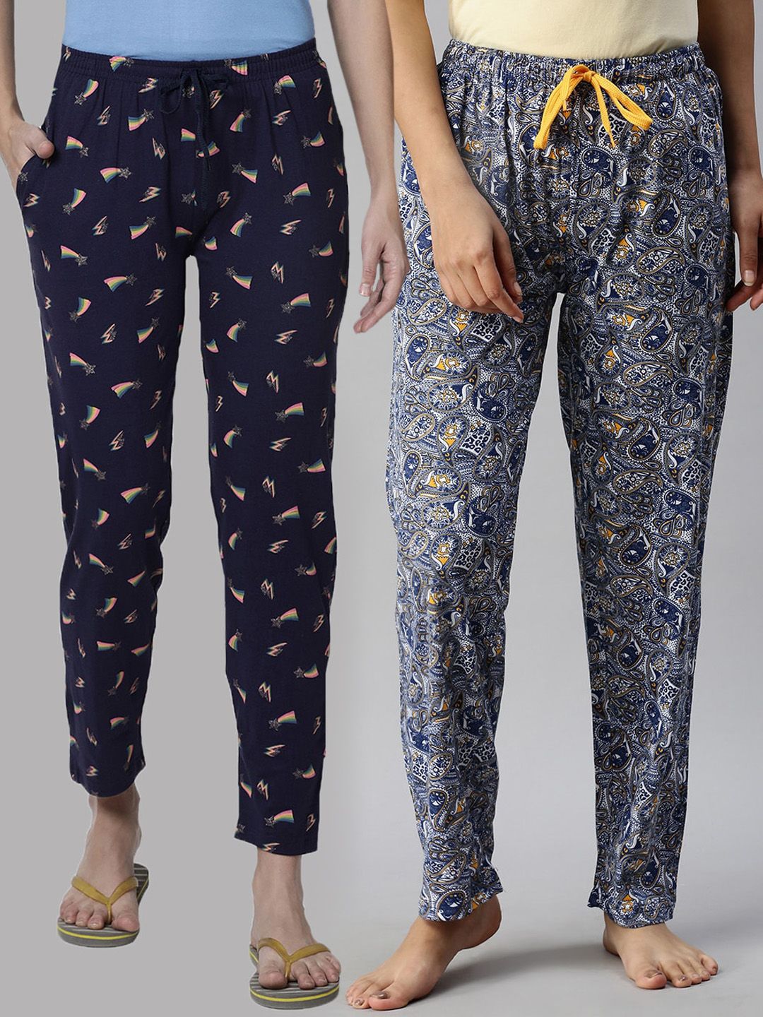 Kryptic Woman Pack Of 2 Navy Blue & Yellow Cotton Printed Lounge Pants Price in India