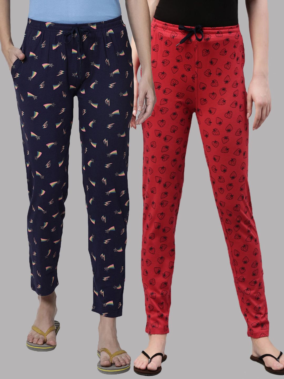 Kryptic Women Pack Of 2 Navy Blue & Red Printed Pure Cotton Lounge Pants Price in India