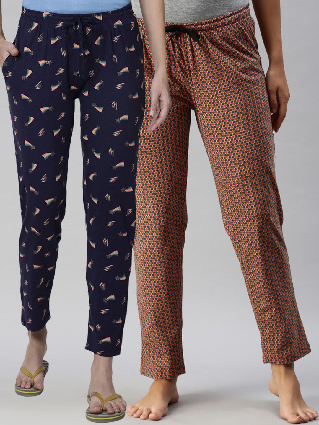 Kryptic Women Navy Blue & Yellow Set Of 2 Printed Pure Cotton Lounge Pants Price in India