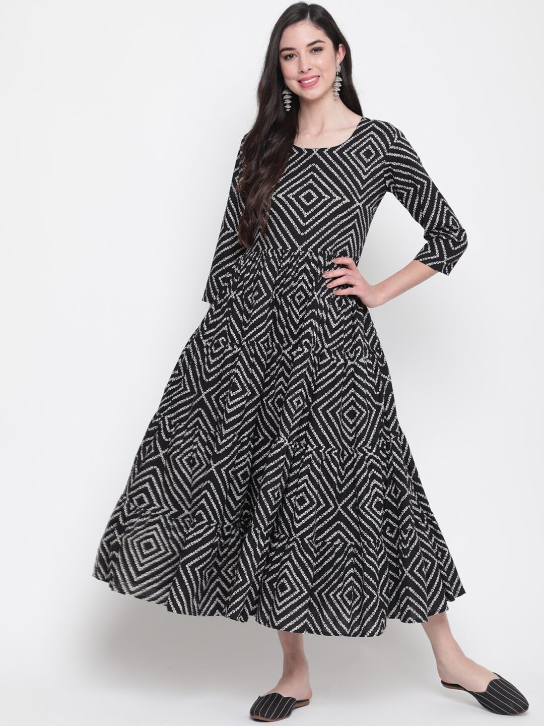 GLAM ROOTS Women Black & White Printed Midi Dress Price in India