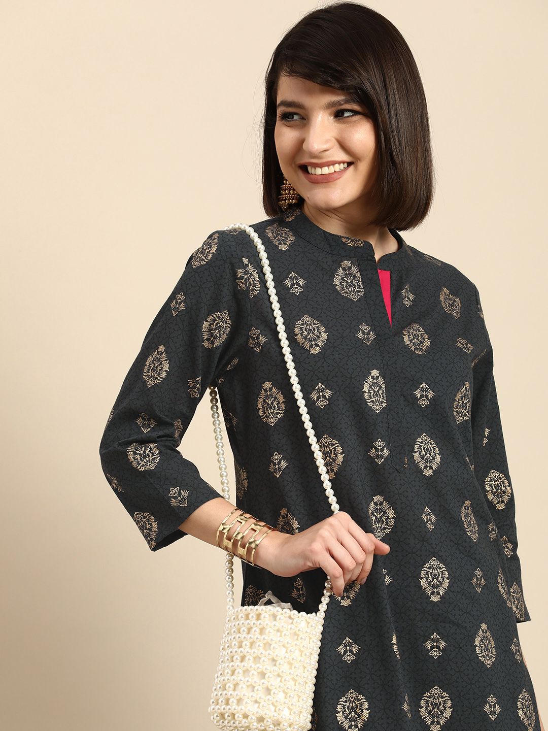 Anouk Women Grey & Gold-Toned Ethnic Motifs Printed Kurta Price in India