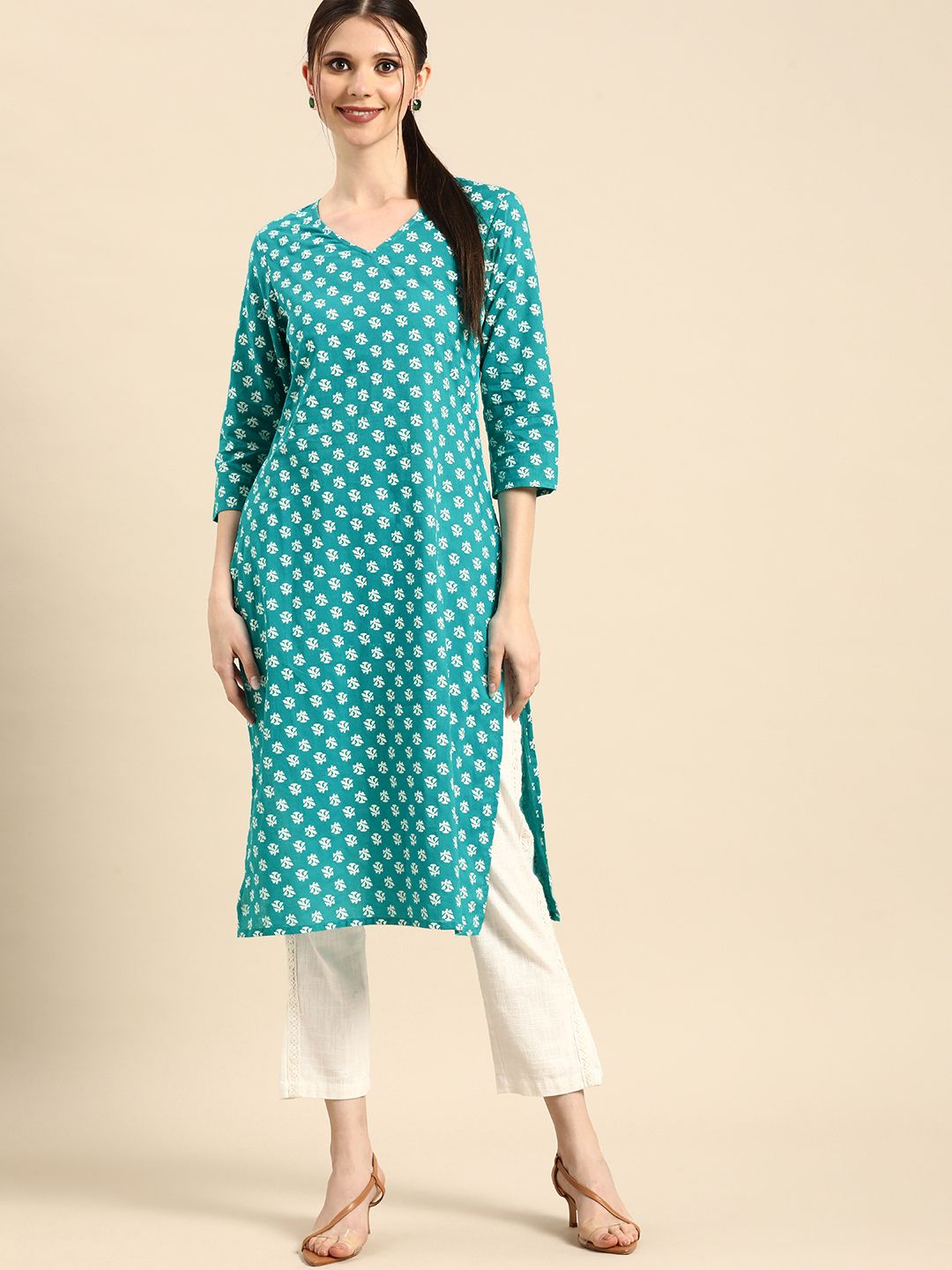 Anouk Women Turquoise Blue & White Printed Pure Cotton Kurta Price in India