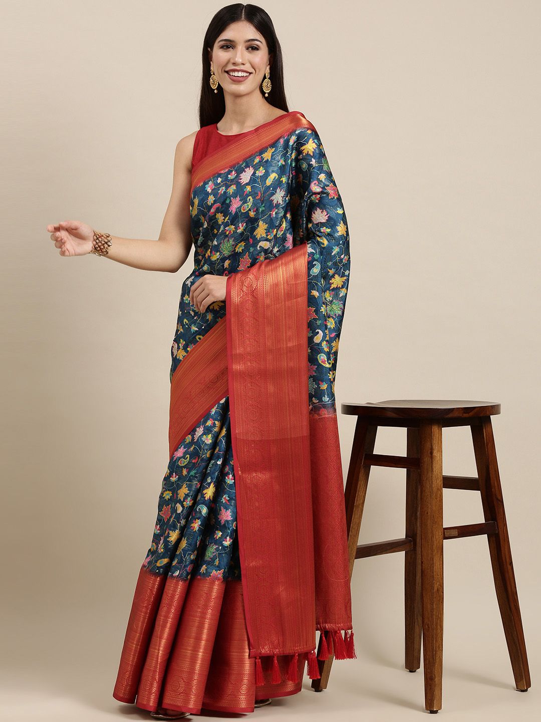 VASTRANAND Navy Blue & Maroon Ethnic Printed Zari Silk Blend Saree Price in India