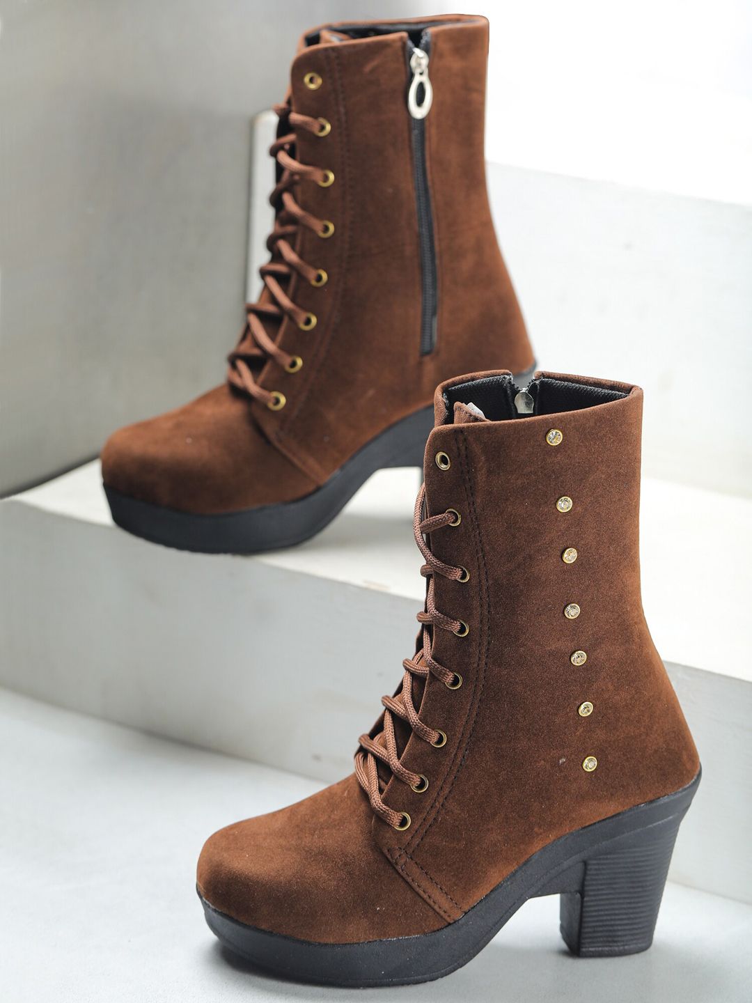 ESTATOS Women Brown Solid Velvet High-Top Block Heeled Boots Price in India
