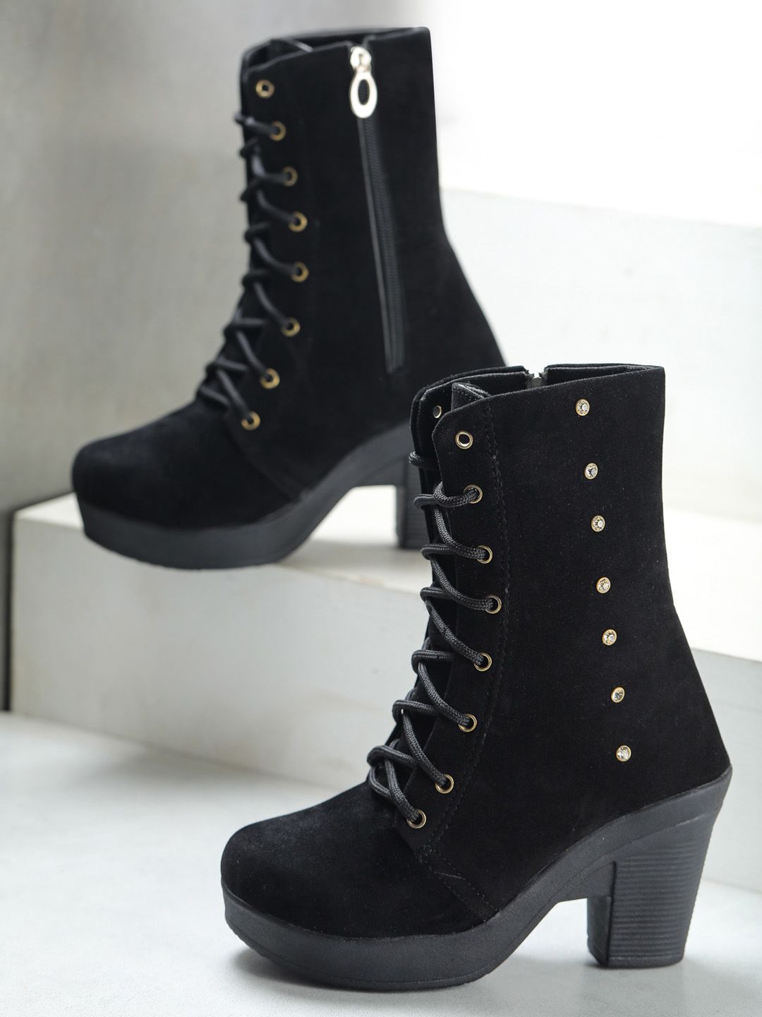 ESTATOS Black Velvet High-Top Block Heeled Boots Price in India