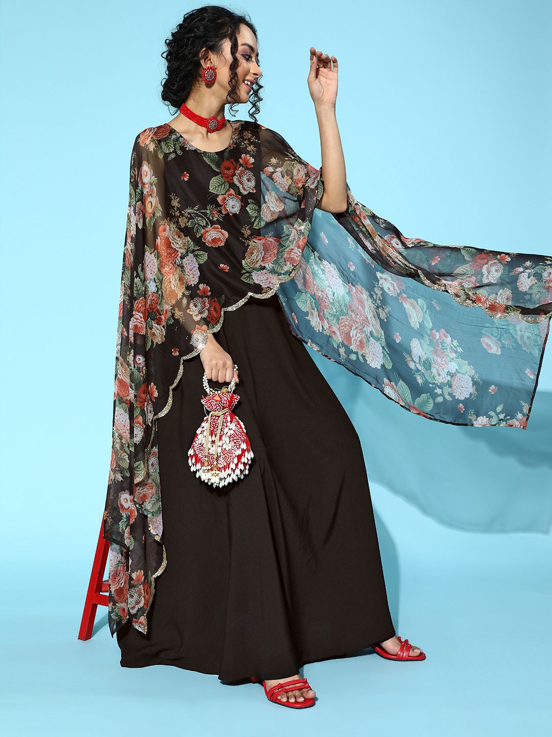 Ahalyaa Women Stylish Black Floral Swirling Volume Dress Price in India