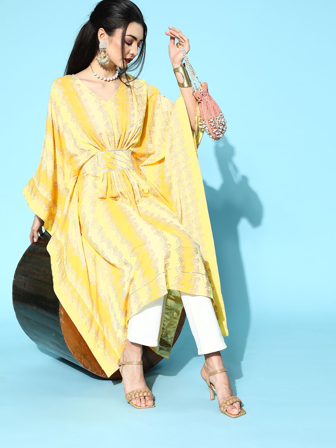 Ahalyaa Bright Yellow Viscose Rayon Kaftan Kurta Price in India