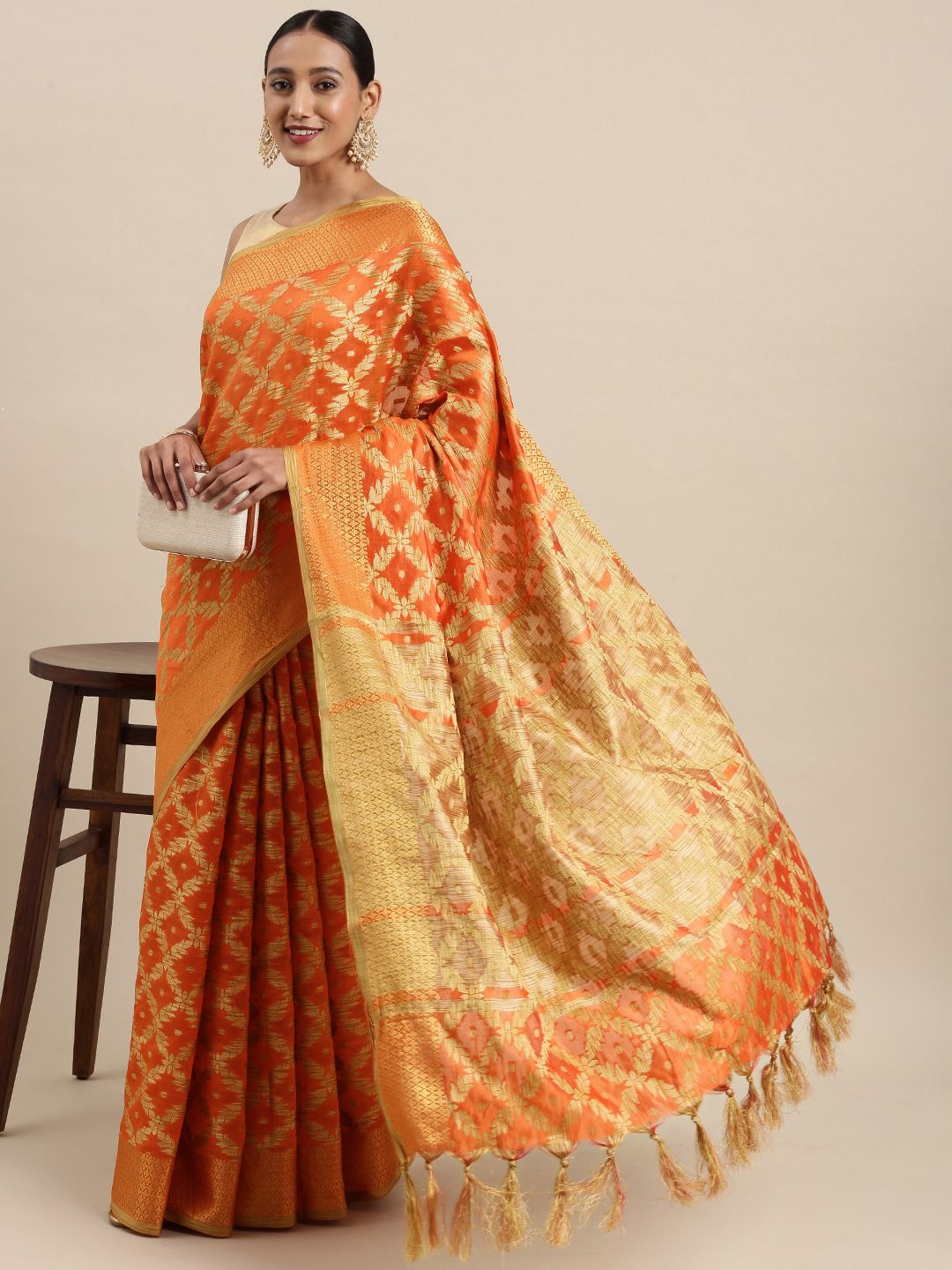 Mitera Orange & Golden Geometric Woven Design Saree Price in India