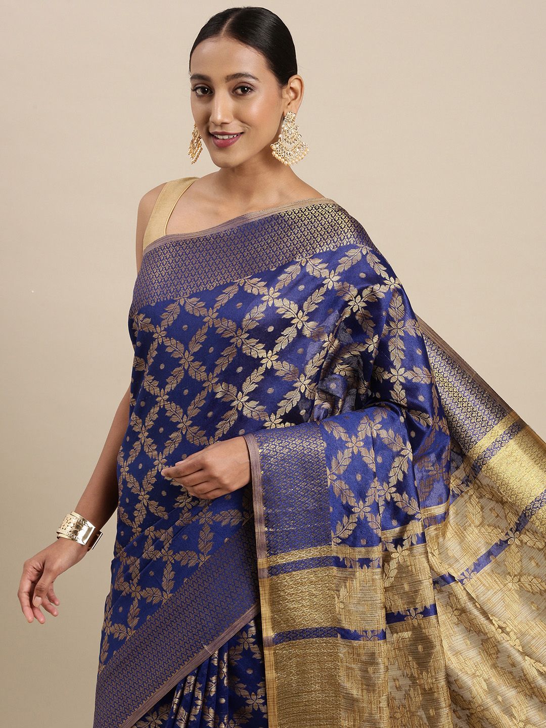 Mitera Blue & Golden Geometric Woven Design Saree Price in India