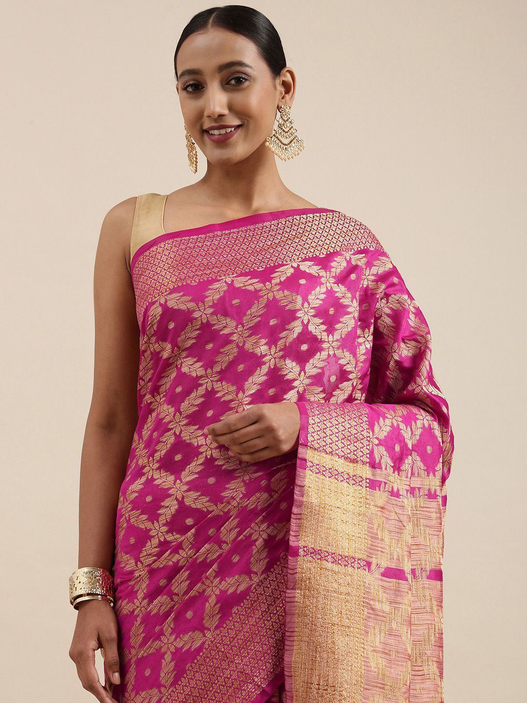 Mitera Pink &  Golden Geometric Woven Design Saree Price in India