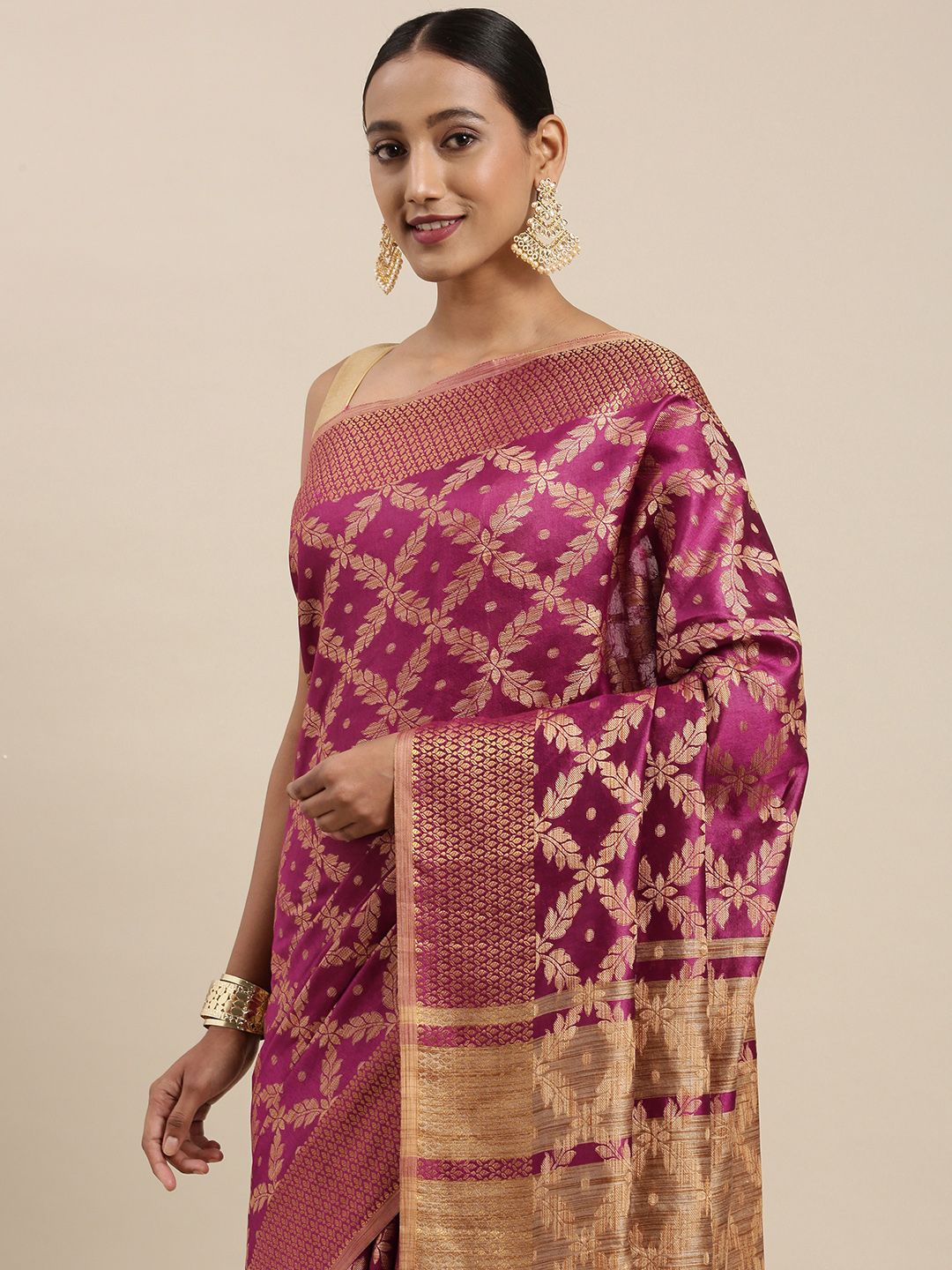 Mitera Purple & Golden Geometric Woven Design Saree Price in India