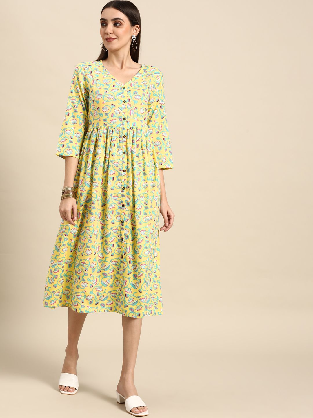 Anouk Yellow & Sea Green Floral A-Line Midi Dress Price in India