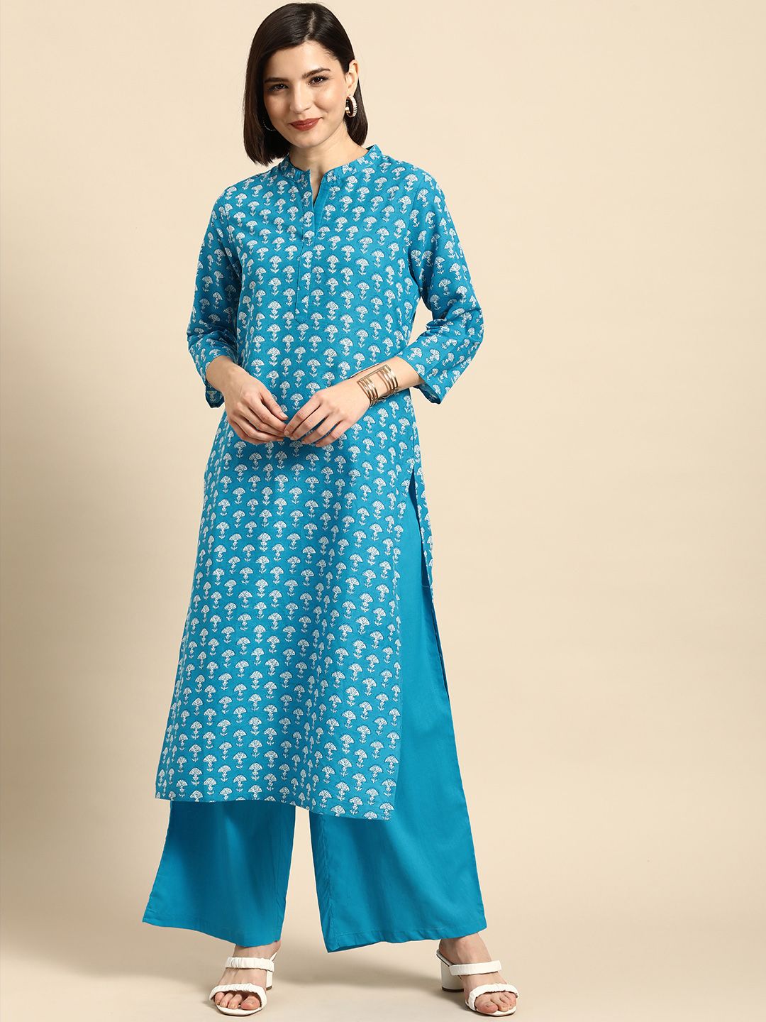 Anouk Women Blue Ethnic Motifs Printed Pure Cotton Kurta with Palazzos Price in India