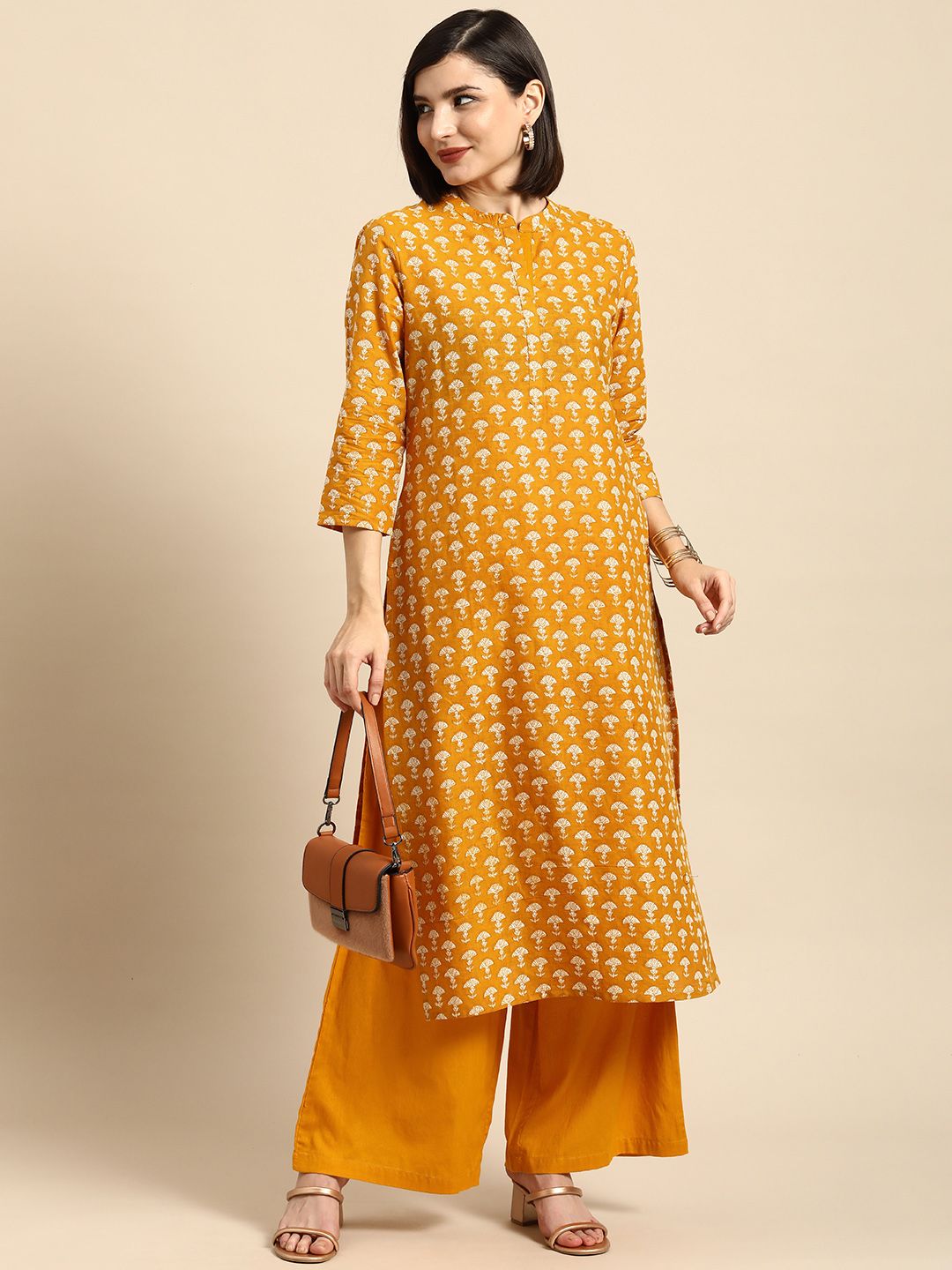 Anouk Women Mustard Yellow Ethnic Motifs Printed Pure Cotton Kurta with Palazzos Price in India