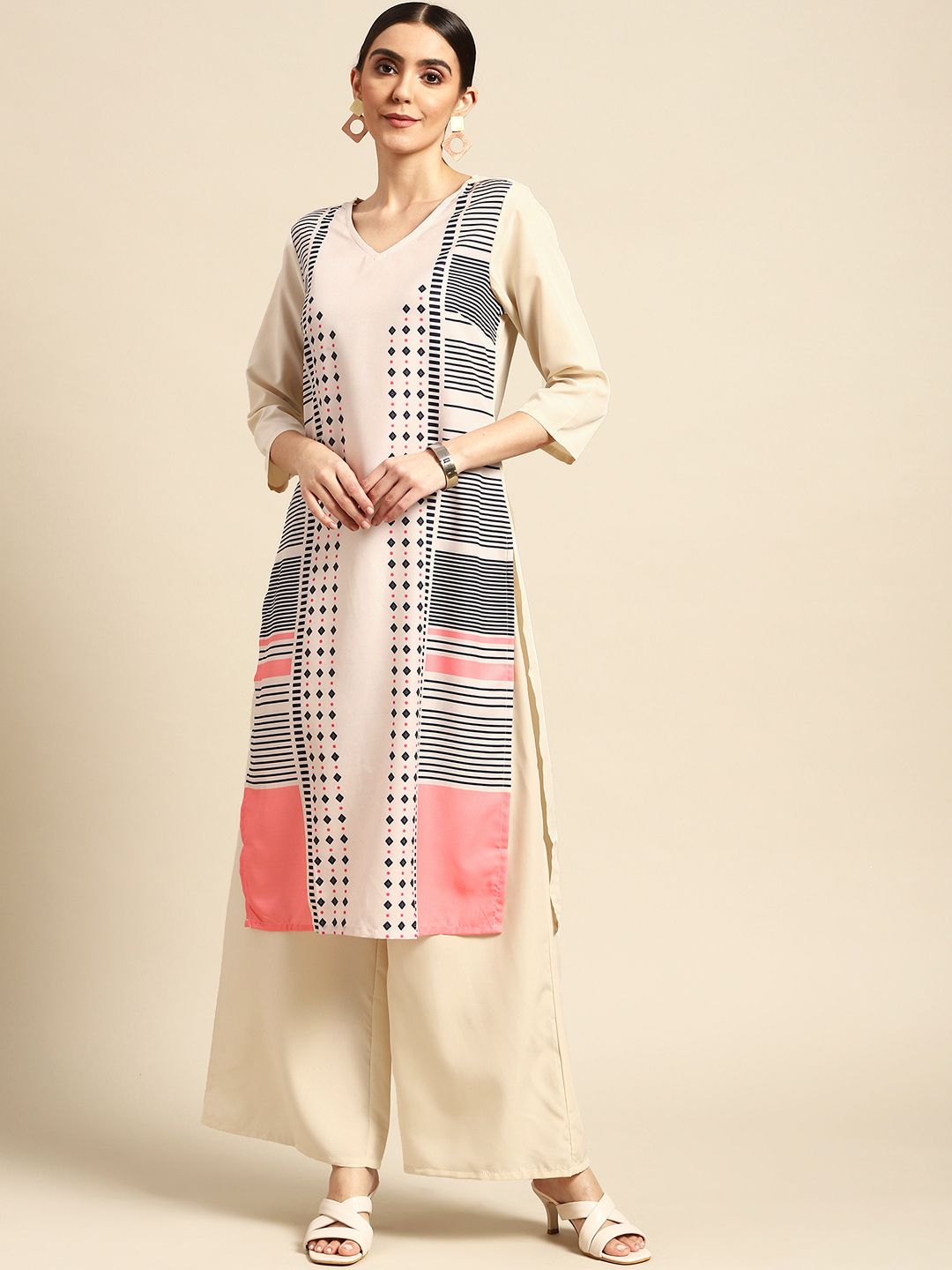 Anouk Women Cream-Coloured & Navy Blue Geometric Printed Kurta with Palazzos Price in India