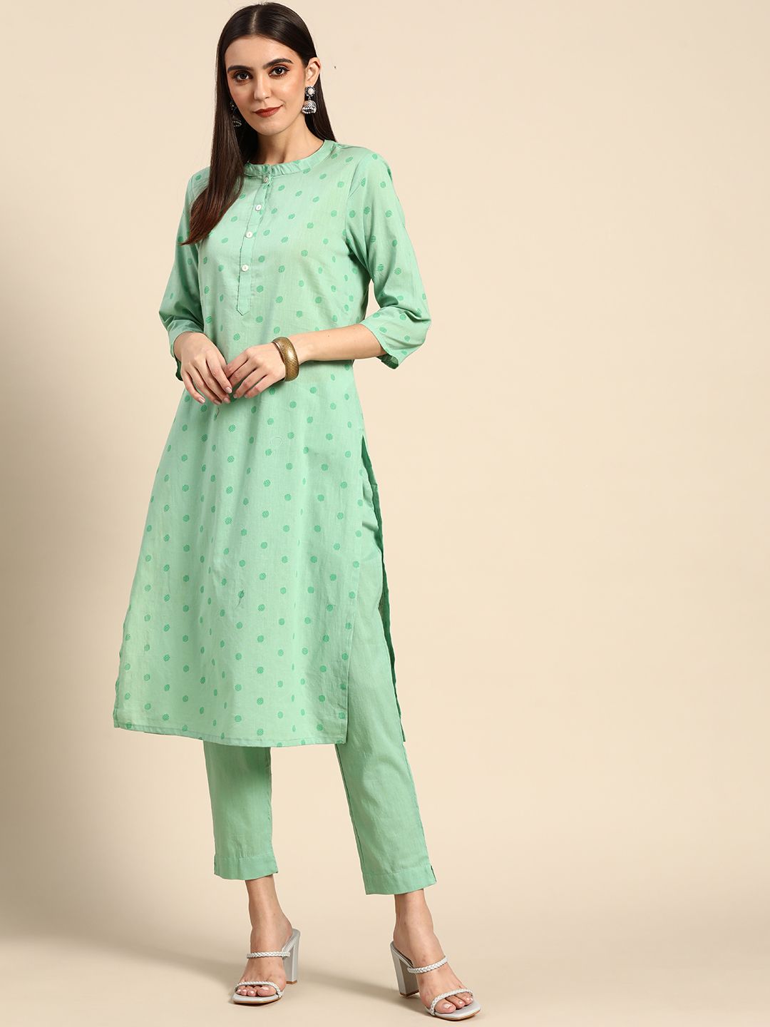 Anouk Women Green Printed Pure Cotton Kurta with Trousers Price in India