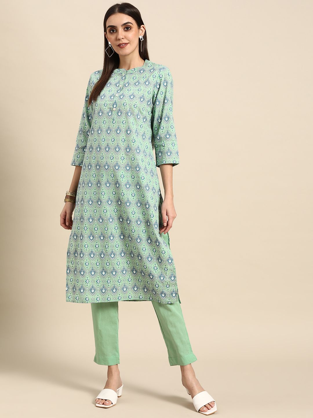 Anouk Women Sea Green Ethnic Motifs Printed Pure Cotton Kurta with Trousers Price in India