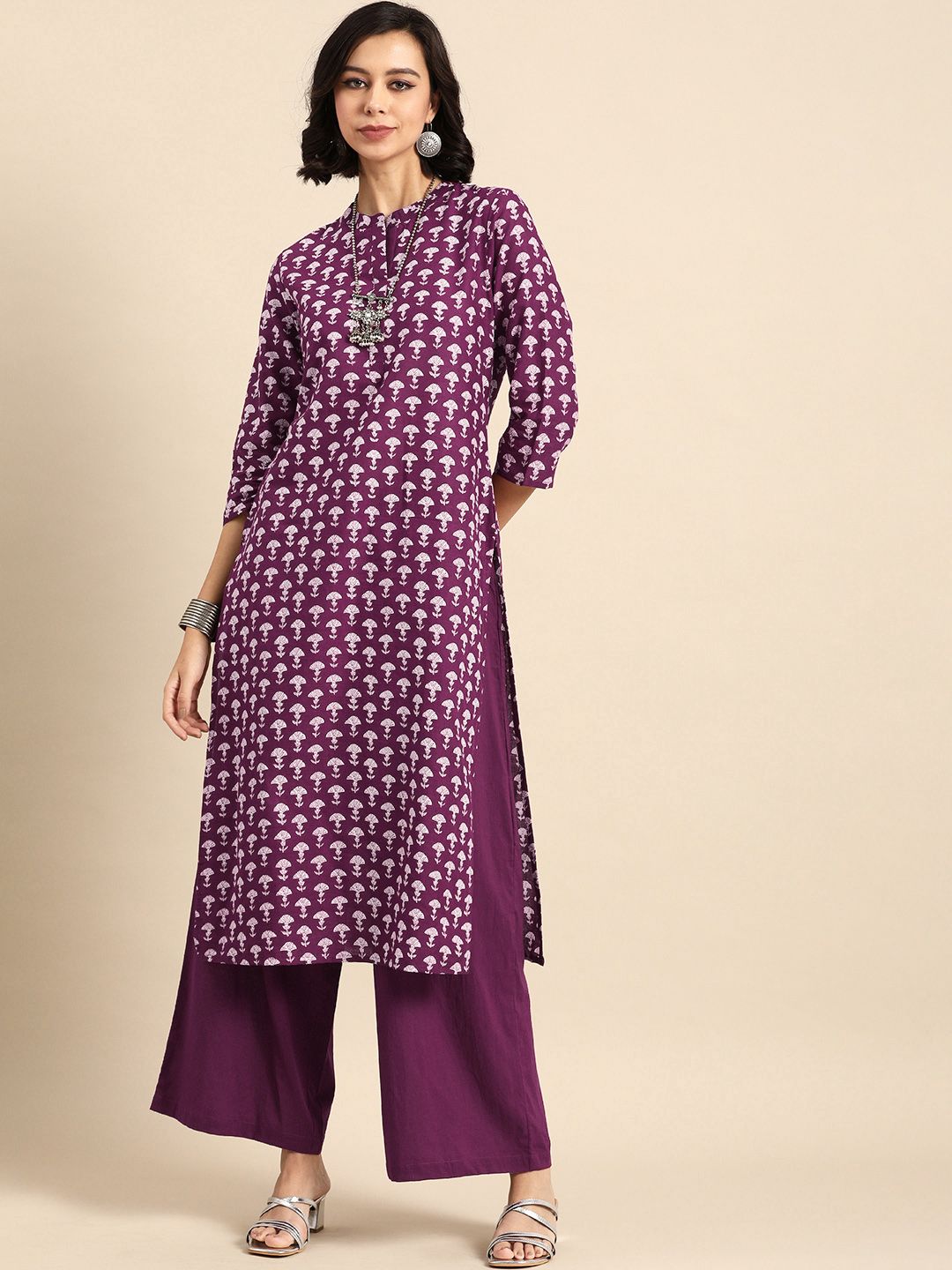 Anouk Women Magenta & White Floral Printed Pure Cotton Kurta Set Price in India