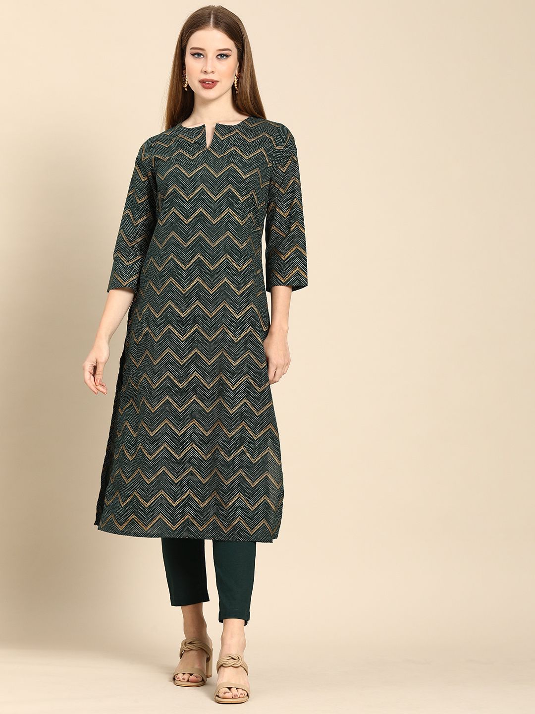 Anouk Women Dark Green Chevron Printed Pure Cotton Kurta with Trousers