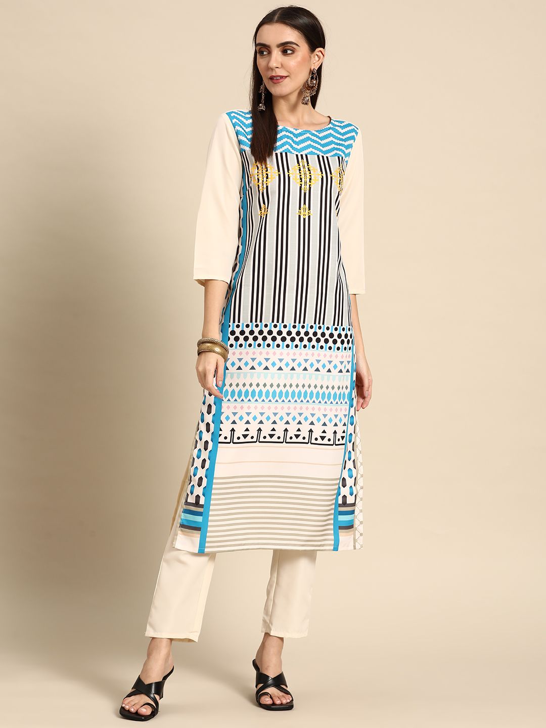 Anouk Women Cream-Coloured Striped Kurta with Trousers