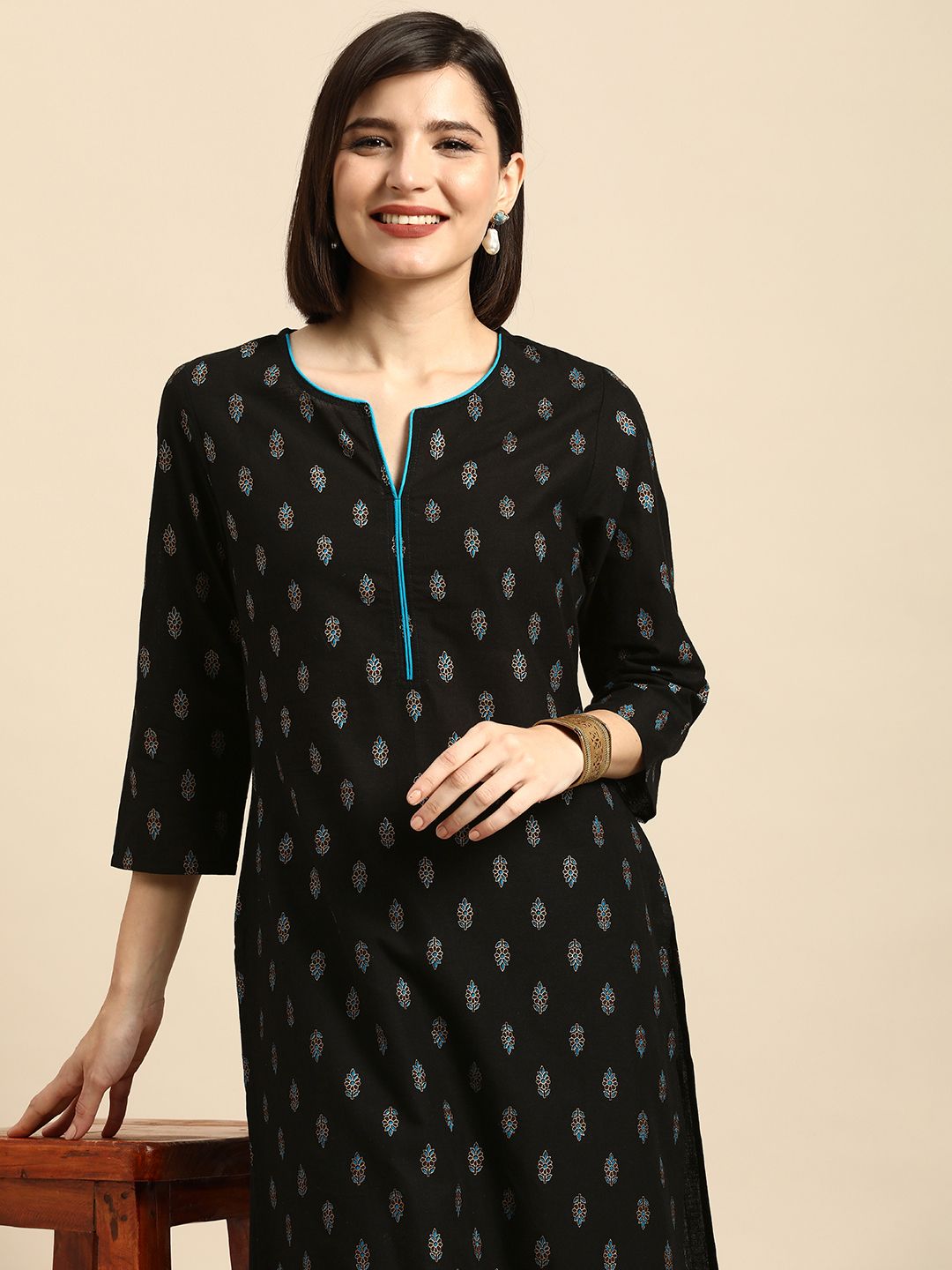 Anouk Women Black Ethnic Motifs Printed Pure Cotton Kurta with Palazzos Price in India