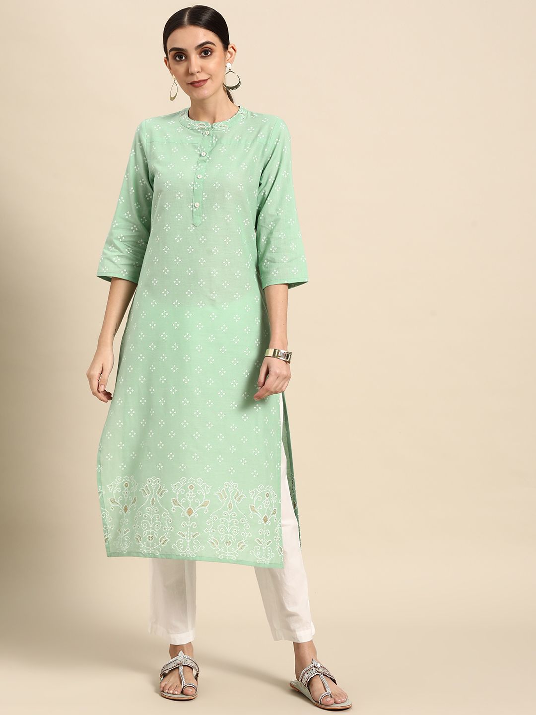 Anouk Women Green & White Pure Cotton Bandhani Printed Kurta Price in India