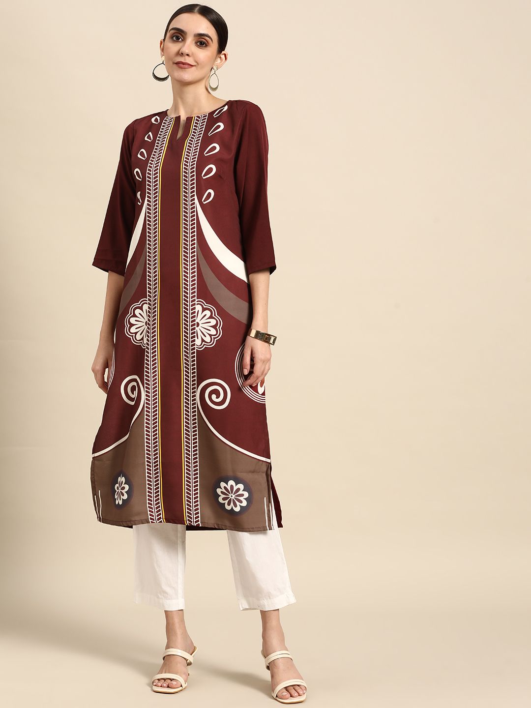 Anouk Women Coffee Brown & White Floral Printed Kurta Price in India