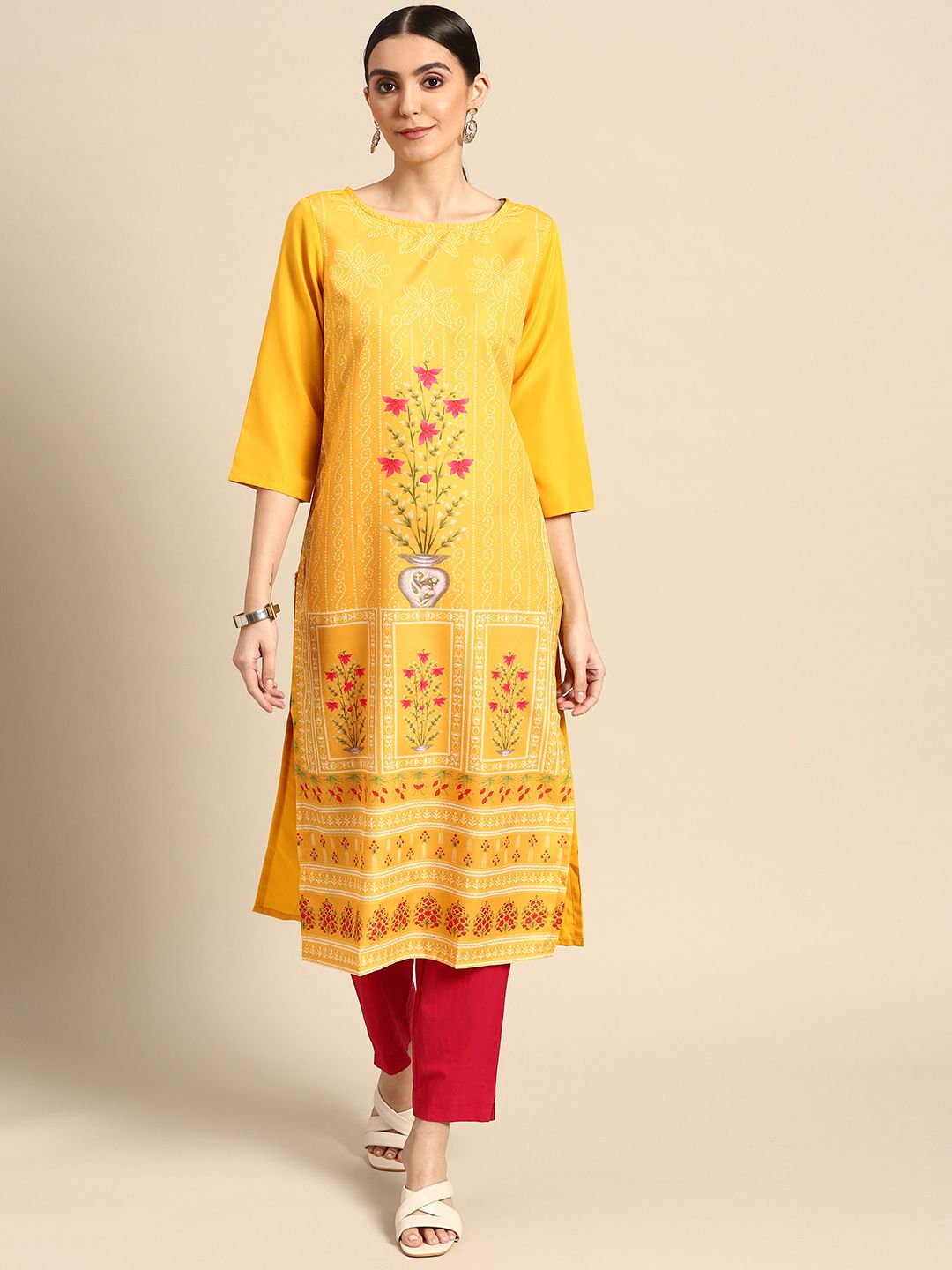 Anouk Women Yellow & Pink Floral Printed Kurta Price in India