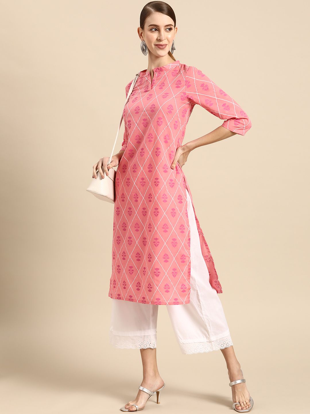 Anouk Women Pink & White Ethnic Motifs Printed Pure Cotton Kurta Price in India