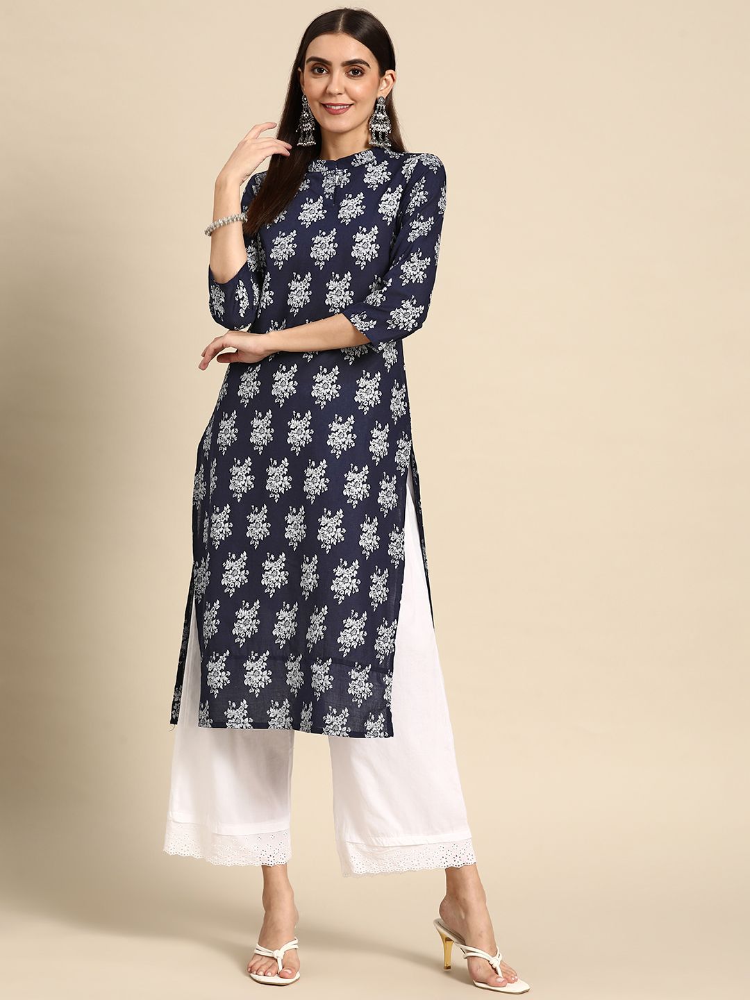 Anouk Women Navy Blue & White Pure Cotton Ethnic Motifs Printed Kurta Price in India