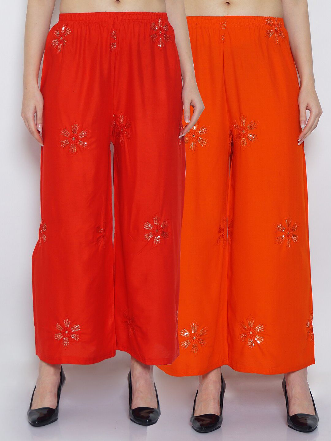 Jinfo Women Pack of 2 Red & Orange Ethnic Motifs Embroidered Ethnic Palazzos Price in India