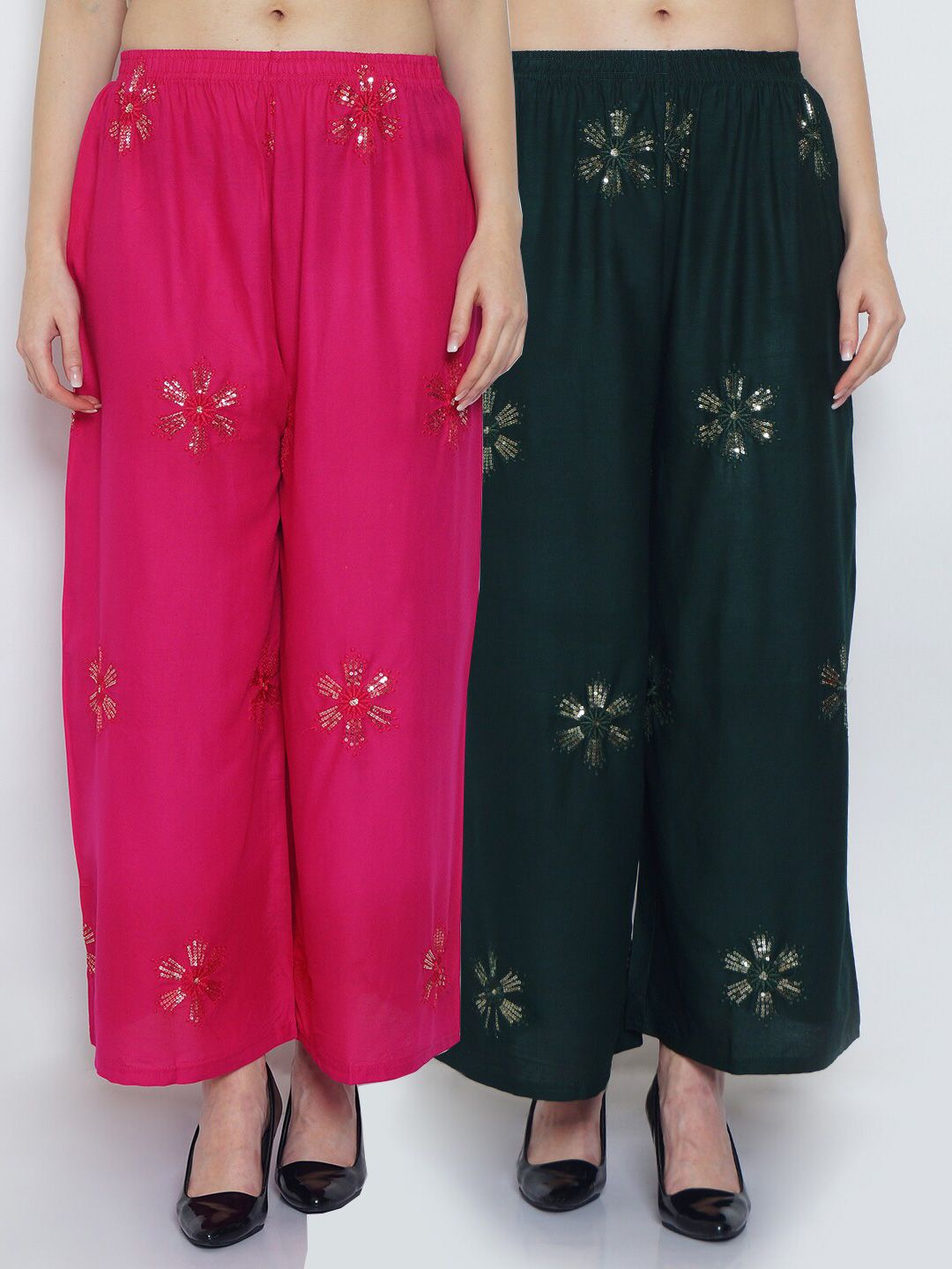 Jinfo Women Pack Of 2 Pink & Green Embroidered Flared Knitted Ethnic Palazzos Price in India