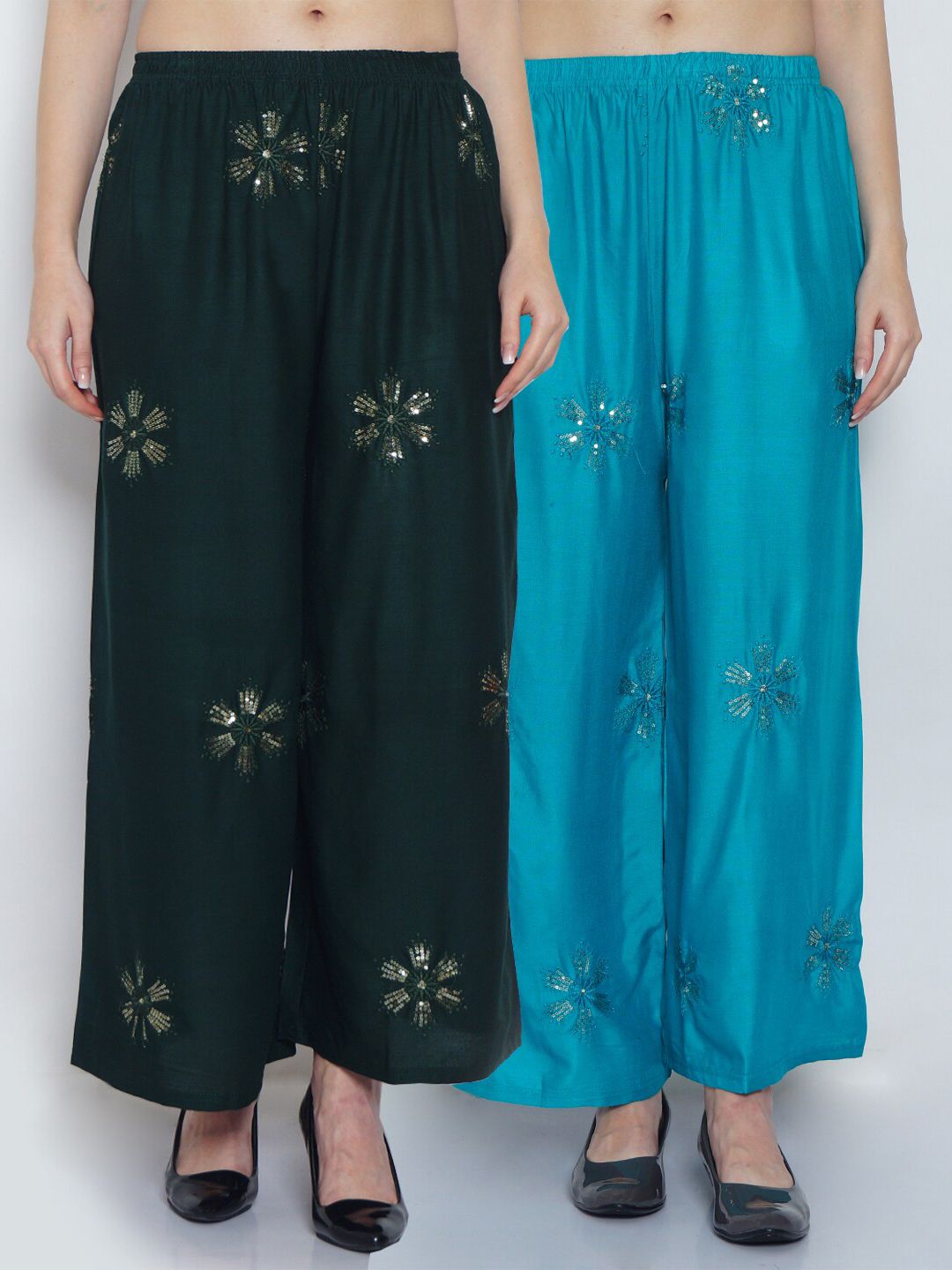 Jinfo Women Green & Blue 2 Ethnic Motifs Embroidered Flared Knitted Ethnic Palazzos Price in India