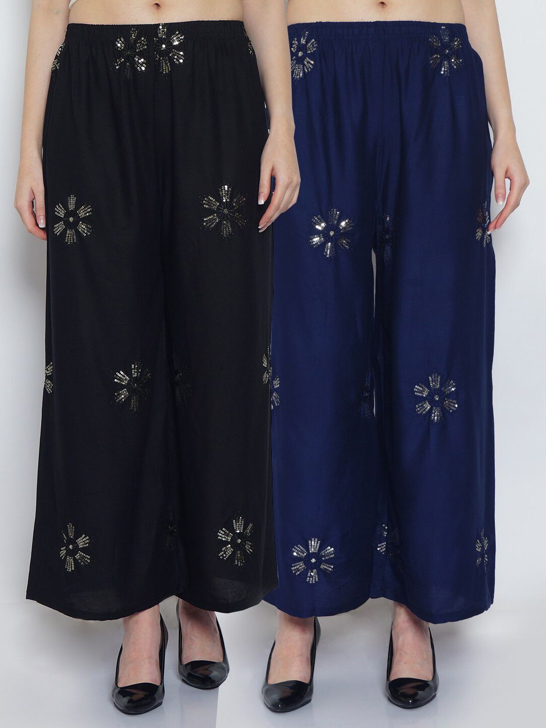 Jinfo Women Black & Navy Blue 2 Floral Embellished Flared Knitted Ethnic Palazzos Price in India