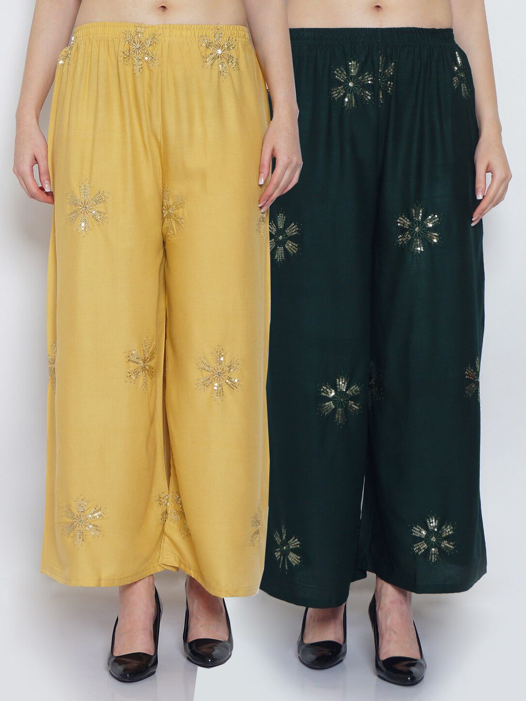 Jinfo Women Set Of 2 Beige & Green Embroidered Flared Palazzos Price in India