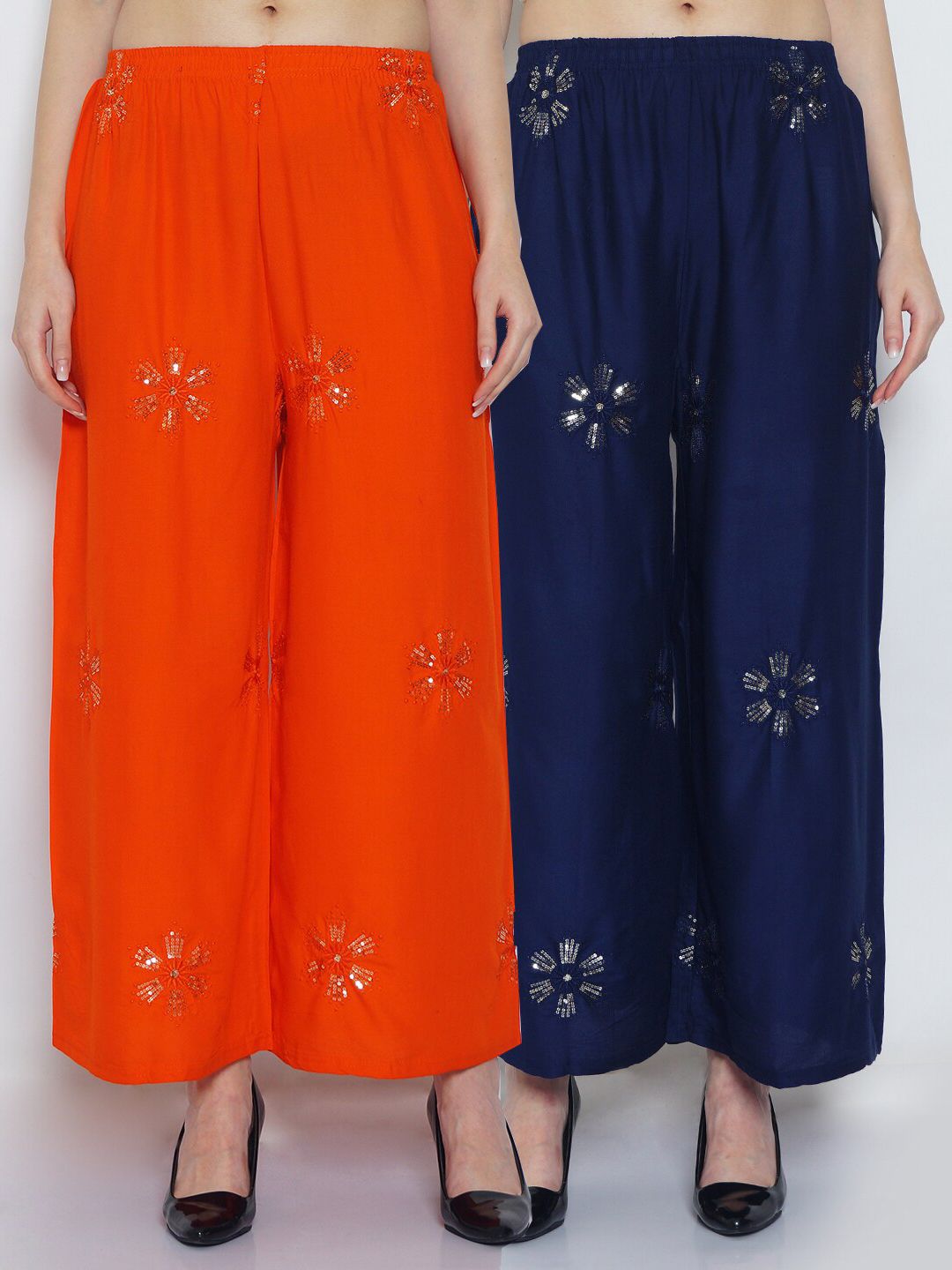 Jinfo Women Pack Of 2 Orange & Navy Blue Floral Embroidered Flared Ethnic Palazzos Price in India