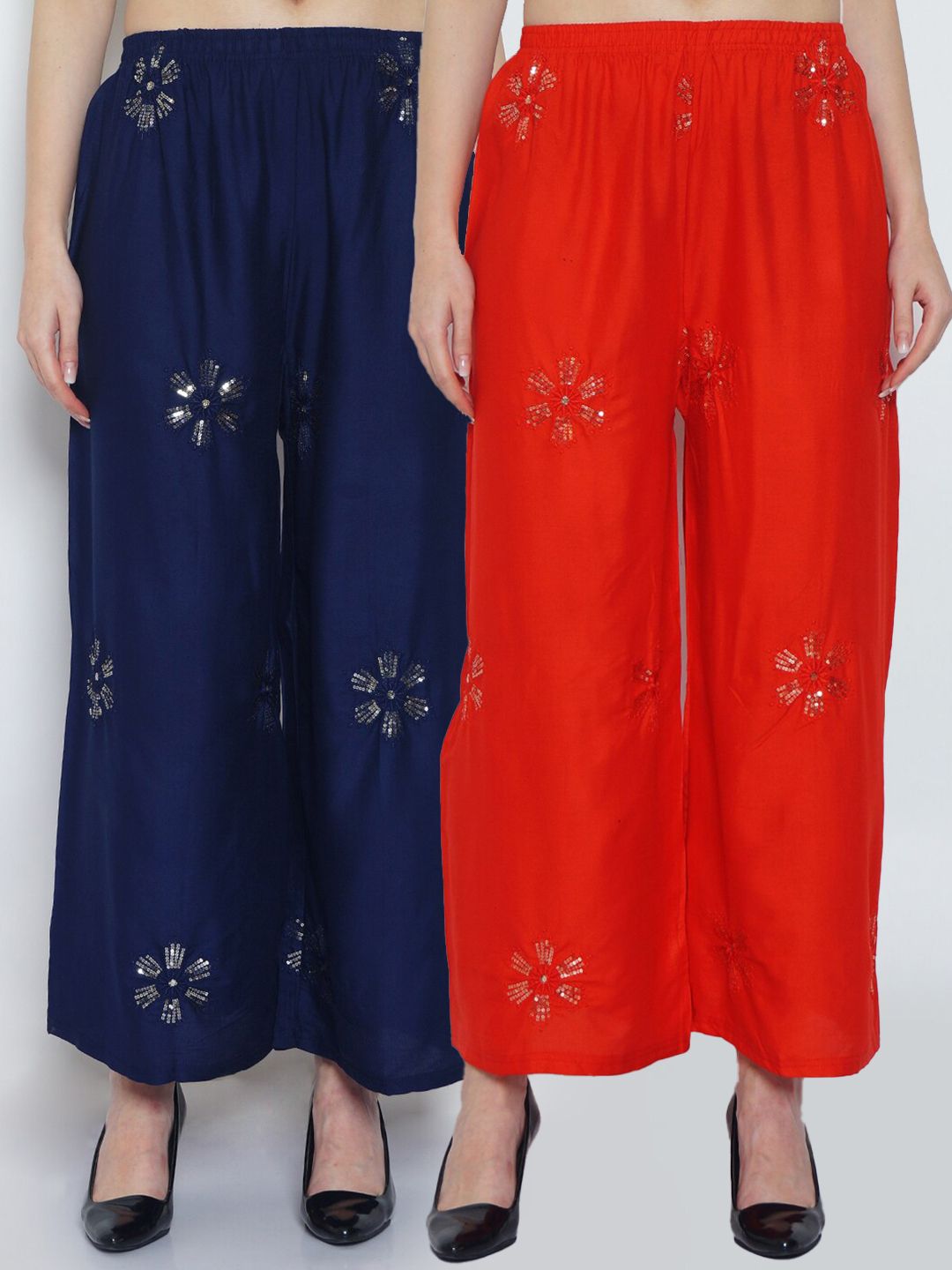 Jinfo Women Pack of 2 Red & Navy Blue Ethnic Motifs Embroidered Ethnic Palazzos Price in India