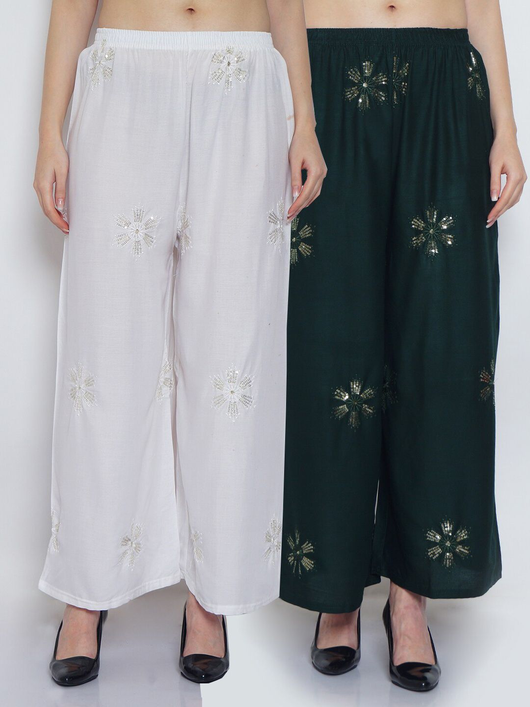 Jinfo Women White & Green 2 Embroidered Flared Knitted Ethnic Palazzos Price in India