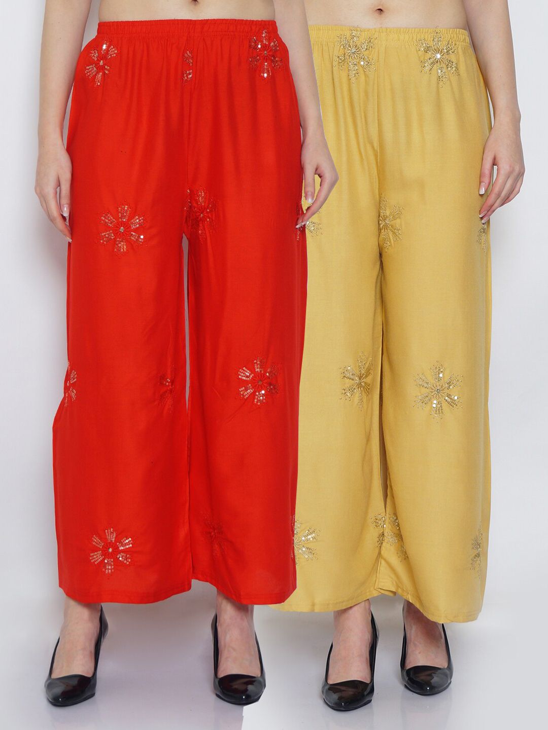 Jinfo Women Red & Yellow Set Of 2 Ethnic Motifs Embellished Flared Knitted Ethnic Palazzos Price in India