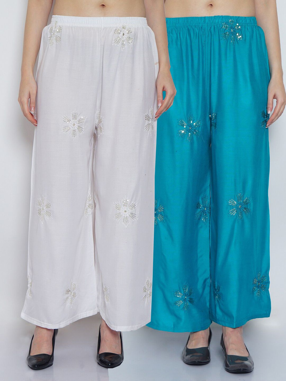 Jinfo Women Pack Of 2 White & Turquoise Blue Floral Embroidered Flared Ethnic Palazzos Price in India