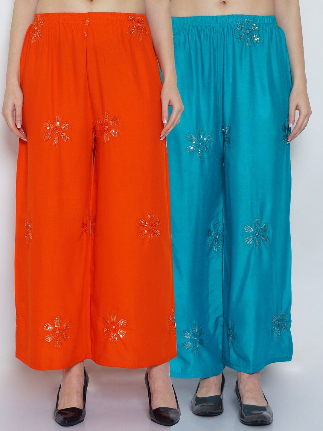 Jinfo Women Orange & Turquoise Blue Set Of 2 Floral Embellished Flared Ethnic Palazzos Price in India