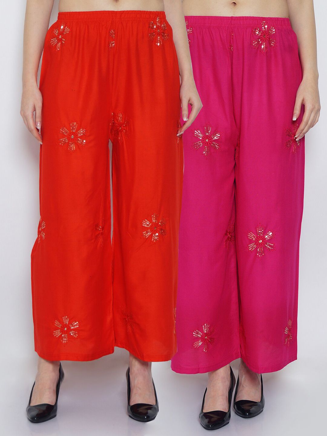 Jinfo Women Set Of 2 Red & Pink Embroidered Flared Palazzos Price in India