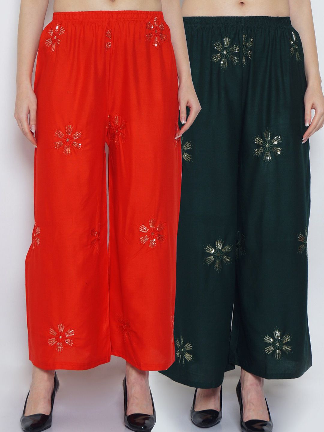 Jinfo Women Pack Of 2 Red & Green Floral Embroidered Flared Ethnic Palazzos Price in India