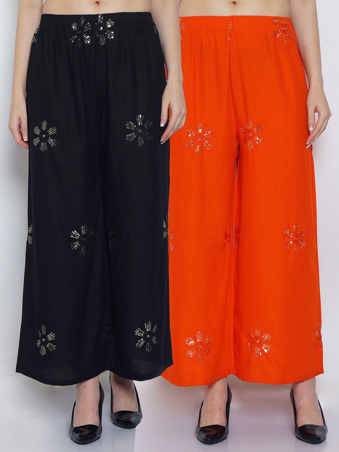 Jinfo Women Black & Orange 2 Ethnic Motifs Embroidered Flared Knitted Ethnic Palazzos Price in India